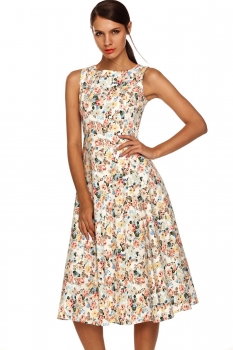

ACEVOG Red white Red&White Ladies Women Casual Retro Party High Waist Floral A-line Swing Dresses, Multicolor