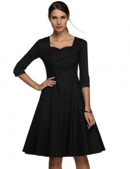 

Black Square Neck 3"4 Sleeve High Waist Dots Print Going Out Dress, Multicolor