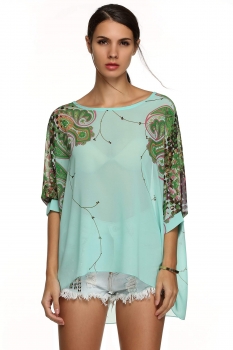 

Green Bohemian Style Print Loose Beach Chiffon Blouse, Multicolor