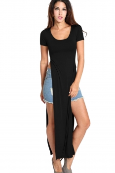 

Finejo Black Women Casual O-Neck Short Sleeve High Side Split Solid Slim Maxi Dresses Tank Tops T-Shirts, Multicolor