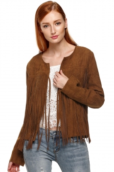 

Brown Casual Round Neck Long Sleeve Solid Fringe Jacket Coat, Multicolor