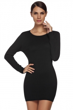 

FINEJO Black Fashion Ladies Women Long Sleeve O-neck Elastics Mini Sweater Going Out Dresses, Multicolor