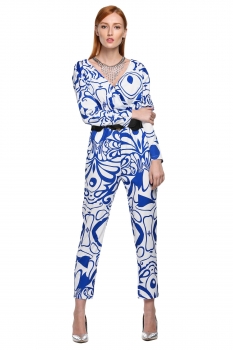 

V-Neck Long Sleeve Elastic Waist Print Romper With Belt, Multicolor