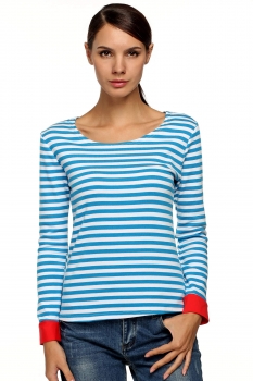 

Zeagoo Blue&White Women Fashion Casual O-Neck Long Sleeve Slim Striped Tank Tops T-Shirts, Multicolor