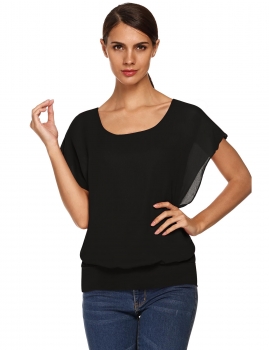 

Black Solid Scoop Neck Short Sleeve Chiffon Blouse, Multicolor
