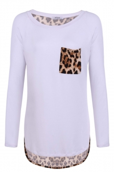 

White Leopard Patchwork Pocket Long Sleeve O-neck Tops, Multicolor