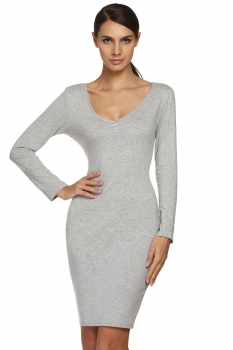 

FINEJO Gray Fashion Lady Women's Sexy Slim Open Back Hollow Out V-Neck Long Sleeve Package Hip Work Dresses, Multicolor