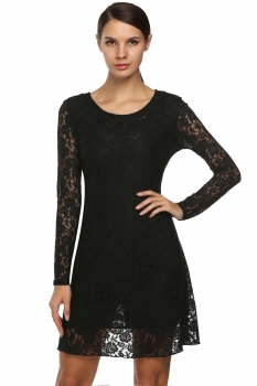 

FINEJO Black Fashion Women Sweet Floral Lace Round Neck Long Sleeve Casual Loose Going Out Wedding & Bridesmaid Dresses, Multicolor