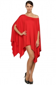 

Red Batwing Sleeve Oblique Collar Irregular Hem Loose Cloak Tops, Multicolor