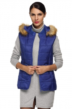 

Zeagoo Blue Women Ladies Sleeveless Detachable Hat Fur Collar Outwear Zipper Closure Down Vest Coats & Jackets, Multicolor