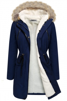 

Blue Long Sleeve Hooded Collar Adjustable Waist Parka Coat, Multicolor