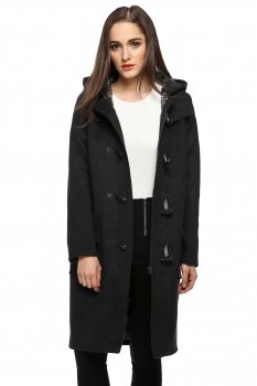 

Finejo Black Women Ladies Fashion Hooded Pure Color Slim Outwear Long Wool Blend Horn Coats & Jackets, Multicolor