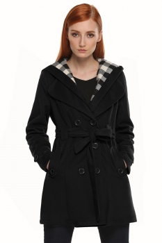 

Black Double Breasted Hooded Fleece Belted Coat, Multicolor