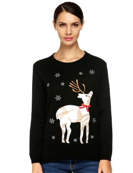 

Black Casual O-Neck Long Sleeve Animal Applique Sweater, Multicolor