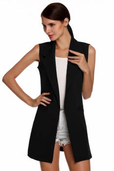 

Black Casual Sleeveless Lapel Pocket Solid Vest Long Blazers, Multicolor