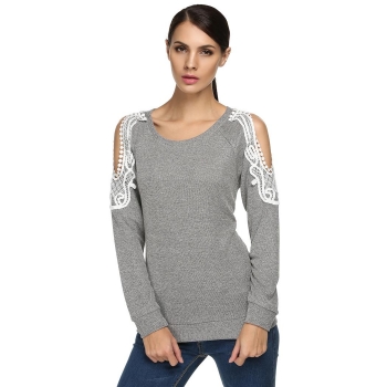 

FINEJO Gray Women Casual Lace Patchwork Pullover Hoodies & Blouses Tank Tops T-Shirts, Multicolor
