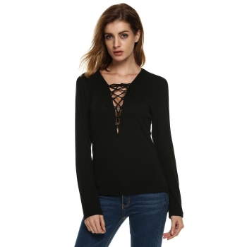 

Zeagoo Black Sexy Lace Up Deep V Neck Long Sleeve Casual Tops, Multicolor