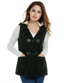 

Black Sleeveless Wool Blend Fleece Hooded Horn Fasten Pure Color Loose Vest Coat, Multicolor
