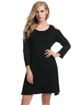

Black Angvns Women Spring Autumn Casual O-Neck Long Sleeve Cold Shoulder A-Line Slim Solid Dress, Multicolor