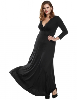 

Black Plunge Neck 3"4 Sleeve High Waist Stretch Evening Dress, Multicolor