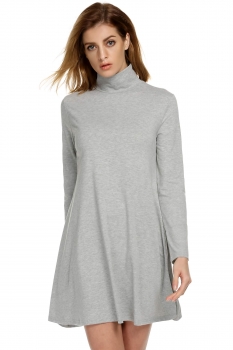 

Gray High Neck Long Sleeve Solid Shift Pleated Dress, Multicolor