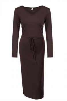 

Meaneor DarkBrown Fashion Women V-Neck Long Sleeve Waist String Work Dresses, Multicolor