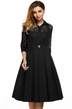 

Black 1950s Doll Collar Lace Patchwork Pleated Casual Dress, Multicolor