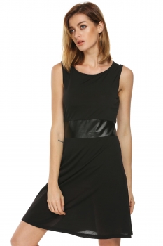 

Black O-Neck Sleeveless Dress High Waist Patchwork Slim Sundress, Multicolor