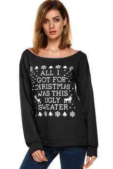 

Black Oblique Neck Long Sleeve Letter Print Sweatshirts, Multicolor