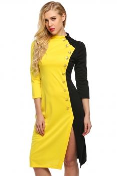 

Yellow Zeagoo Women Fashion 3"4 Sleeve Button Patchwork Side Split Bodycon Going Out Dresses, Multicolor