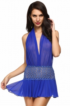 

Avidlove Blue Women Mesh Splicing Lace Backless Halter Sexy Nightwear Babydoll Adult Products Lingerie Sets, Multicolor