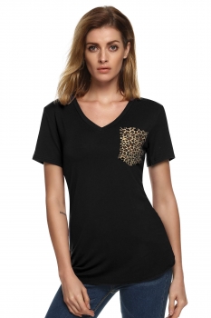 

Black ACEVOG Women Casual V-Neck Short Sleeve Leopard Pocket Blouse Tank Tops T-Shirts, Multicolor