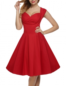 

Red V-Neck High Waist Sleeveless Solid Midi Pleated Party Dress, Multicolor