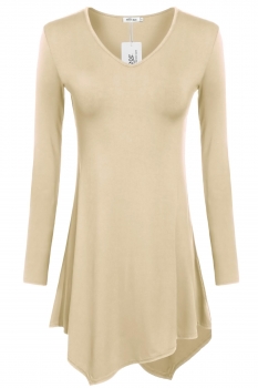 

Beige Solid V-Neck Long Sleeve Irregular Hem Tunic, Multicolor
