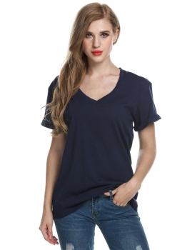 

NavyBlue Meaneor Women Casual Fashion V-Neck Short Sleeve Solid Loose T-Shirt, Multicolor