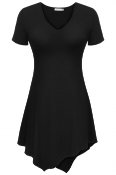 

Meaneor Black Women V-Neck Short Sleeve Irregular Asymmetric Solid Mini A-Line Tank Tops Casual Dresses, Multicolor