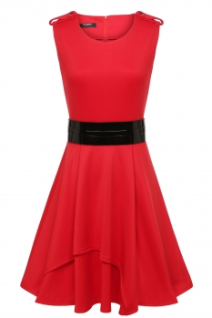 

Red O-Neck Sleeveless High Waist Pleated A-line Going Out Dress, Multicolor