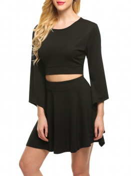 

ACEVOG Black Women Casual Sexy O-Neck Flare Sleeve Fake 2-piece Hollow Waistband Mini A-line Skirt Set, Multicolor