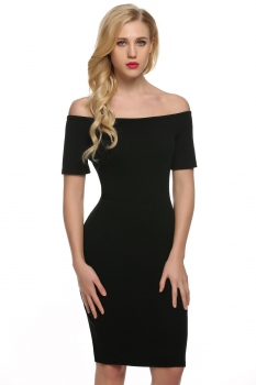 

Black Boat Neck Off-shoulder Short Sleeve Knitting Going Out Dress, Multicolor