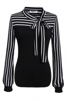 

Black O-Neck Long Sleeve Striped Patchwork Slim Blouses, Multicolor