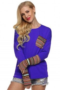 

Purple ACEVOG Women Casual Loose O-Neck Long Sleeve Patchwork Blouse Tank Tops T-Shirts, Multicolor