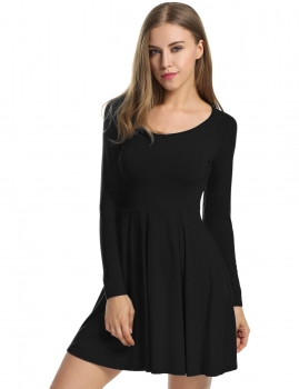 

Black Long Sleeve High Waist Solid Stretch Pleated Casual Dress, Multicolor