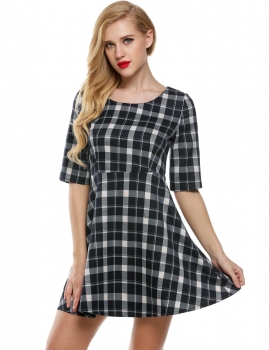 

Black O-Neck Half Sleeve Plaid High Waist A-Line Going Out Dress, Multicolor