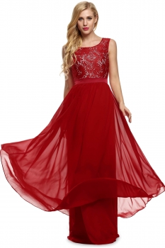 

Red Sleeveless Lace Patchwork Full Gown Wedding Bridesmaid Dresses, Multicolor
