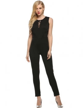 

Black O-Neck Sleeveless Lace Patchwork Long Jumpsuit, Multicolor
