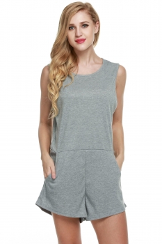 

Gray O-Neck Sleeveless Cut Out Back Pocket Rompers, Multicolor
