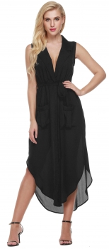 

Zeagoo Black Women Sleeveless Slit Chiffon Maxi Shirt With Belt Casual Dresses, Multicolor