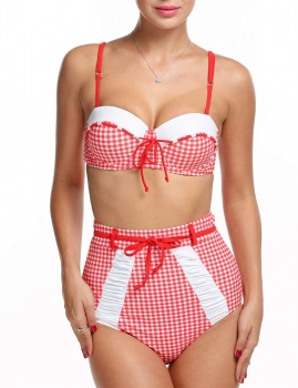 

ACEVOG Red Women Plaid Bikini Sets High Waist 2pcs Swimsuit Bathing Swimwear, Multicolor