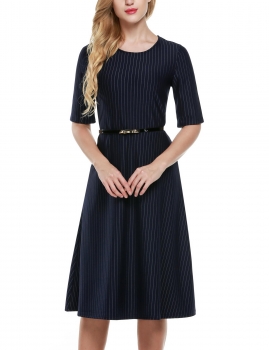 

Dark blue Half Sleeve Stripe A-Line Midi Belted Dress, Multicolor