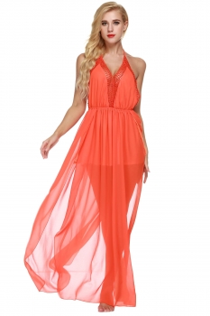 

Orange Halter Backless Side Slit Hem Chiffon Maxi Dress, Multicolor